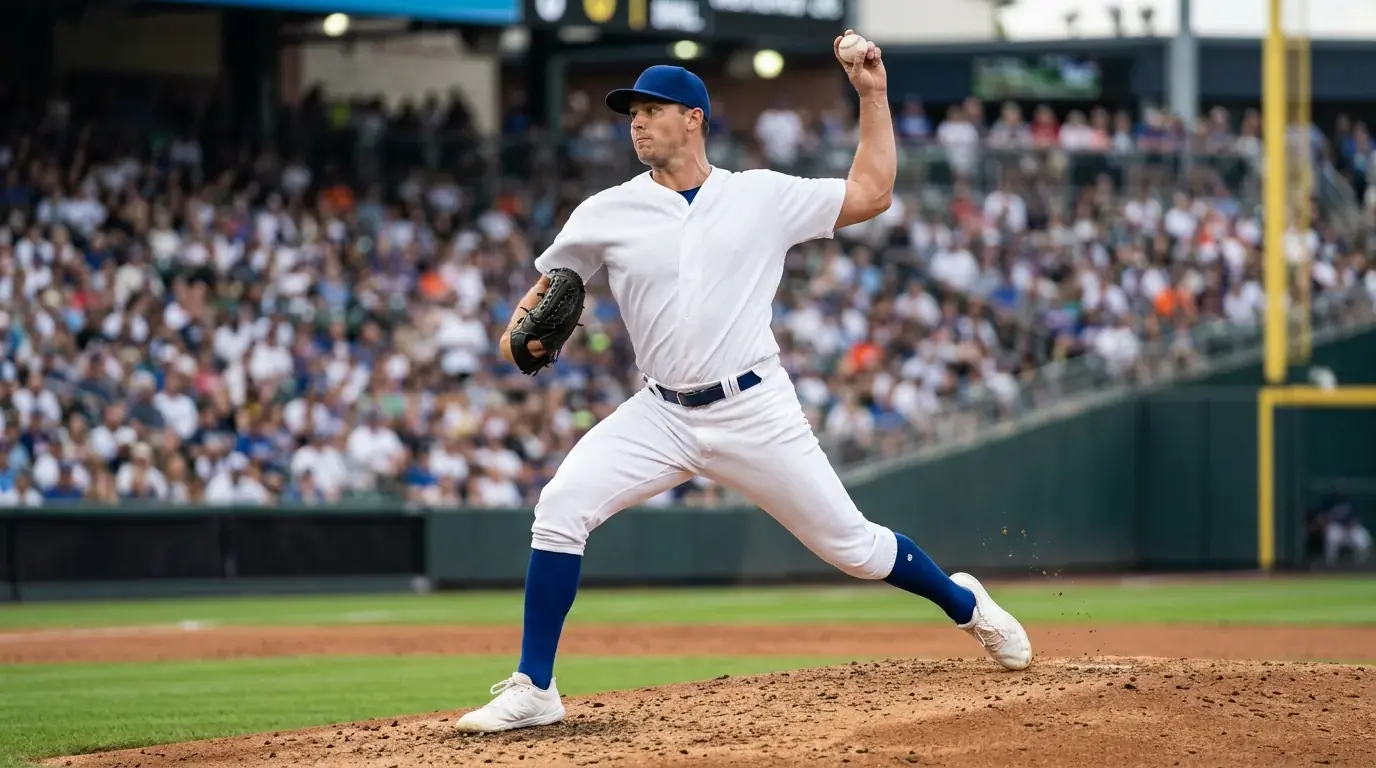 Lanceur partant de baseball MLB en position de lancer sur le monticule avec les statistiques ERA et WHIP