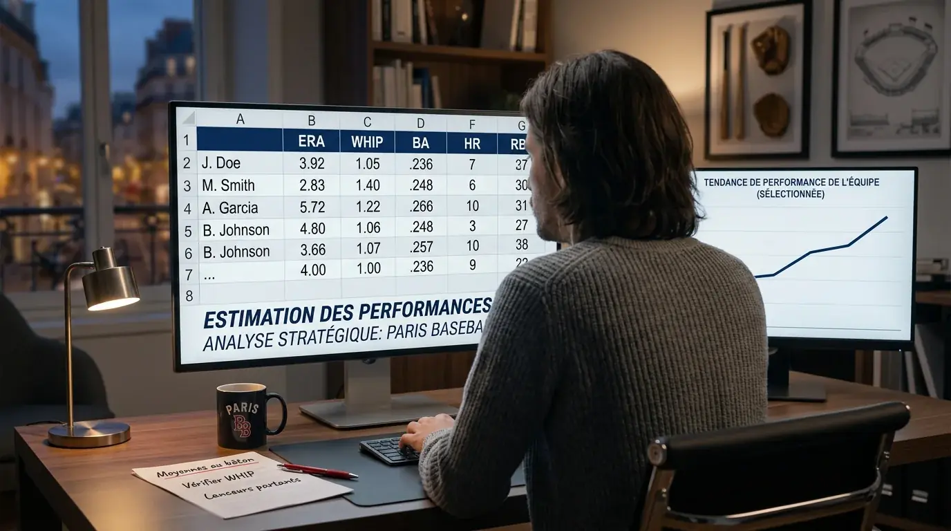 Analyste de paris sportifs étudiant les statistiques MLB sur un écran avec des tableaux de données